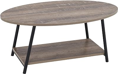 Household Essentials 8081-1 Oval Rustic Coffee Table with Storage Shelf | Distressed Ashwood