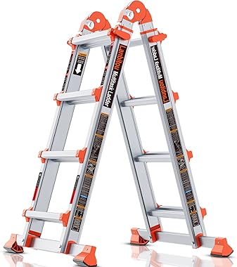 LANBITOU Ladder, A Frame 4 Step Ladder Extension, 14 FT Anti-Slip Multi Position & Storage Folding Ladder, 330 lbs Security L