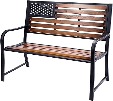 BACKYARD EXPRESSIONS PATIO · HOME · GARDEN Wooden Flag Bench Metal American Patio/Porch Slats-46 Width, 24" Deep Seat, Natura
