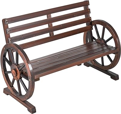 Aoxun 41” Outdoor Bench Garden Rustic Wooden Wheel Bench Wagon Slatted Seat Patio Bench for Backyard, Porch, Garden