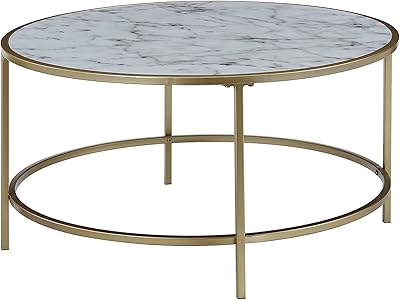 Convenience Concepts Gold Coast Faux Marble Round Coffee Table, White Faux Marble / Gold Frame
