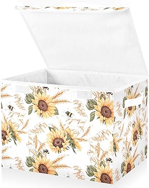 AIXIWAWA Lidded Home Storage Bins with Lid (Sunflowers and Bees) Fabric Foldable Closet Box Flip Lid & Handles, Cube Organize