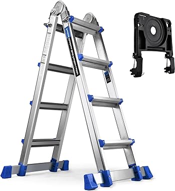 HBTower Ladder, A Frame 4 Step Extension Ladder, 17 Ft Multi Position Ladder with Removable Tool Tray and Stabilizer Bar, 330