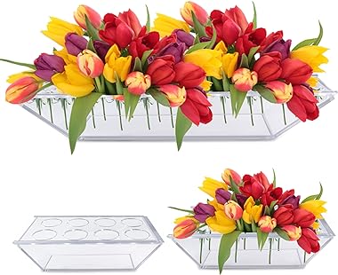 3 Pack Acrylic Flower Vase Rectangular (1 Large Vase 22 Holes+2 Small Vases 8 Holes Each) Acrylic Flower Vase Set for Centerp