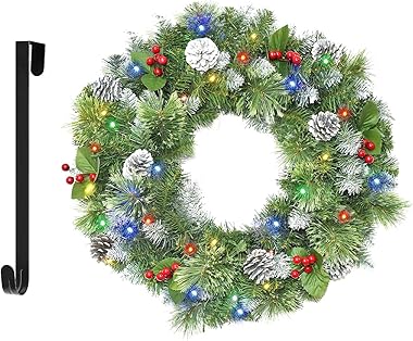 Christmas Wreaths for Front Door 24In - Pre Lit Artificial Christmas Wreath with 40 LEDs 8 Models Light, Timer, Hanger, Batte