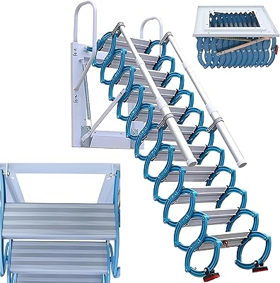 Attic Ladder Pull Down System Heavy Weight 12 Steps Ti-Mg Alloy Attic Stairs Pretty Easy to Install, 10.17FT Wall-Mounted Attic Access Ladder Sturdy and Well Built - Compact Ladder 1322 lbs