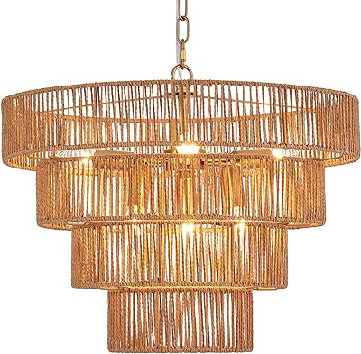 YOMECOO Hand-Woven Rattan Chandelier Vintage Farmhouse 6-Lights Boho 19.7" Bamboo Chandelier Light Fixture Retro 4-Tier Drum Wicker Rattan Golden Chandelier for Dining Room, Kitchen, Living Room, E12