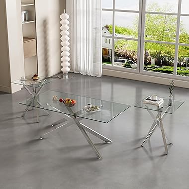 IANIYA Living Room Set - Glass Coffee Table and 2 End Tables with Modern Design Set of 3 (Large Coffee Table + End Table x2, 