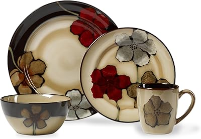 Pfaltzgraff Painted Poppies 16-Piece Stoneware Dinnerware Set, Service for 4, Tan/Assorted -