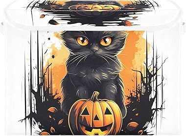 ZOEO Halloween Cats with Pumpkins Large Lidded Bin Foldable Storage Baskets Boxes Cubes Lids with 2 Handles for Home Bedroom 