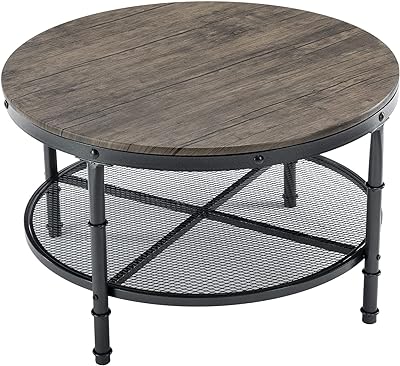 VINGLI Round Coffee Tables Living Room, 31.5" Round Coffee Table with Storage Round Wooden Coffee Table Round Farmhouse Coffee Table, Rustic Wood Round Coffee Table with Metal Shelf, Industrial Walnut