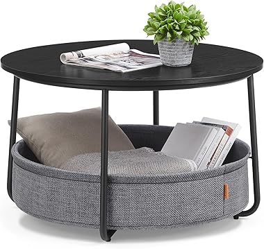 VASAGLE Coffee Table with Storage, Round Center Table for Living Room with Fabric Basket, Modern Style, Metal Frame, Ink Blac