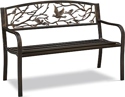 Yaheetech Patio Garden Bench Outdoor Cast Iron Metal Bench, w/Bird Design Backrest, Slatted Seat, Park Bench Outdoor Furniture for Porch, Deck, Park, Yard, Entryway, Path