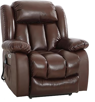 MAEVIS Large Lay Flat Sleeping Genuine Leather Power Lift Recliner Chairs for Elderly with Heat and Massage, with Dual OKIN Motor,Overstuffed Wide Recliners for Living Room,USB Ports (Brown)