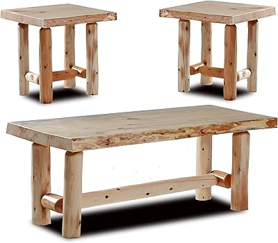 Southern Rustic Logwerks Rustic Log Coffee and End Table Set of 3 - Pine and Cedar Tables - Live Edge Lodge Furniture - Living Room Sets - Side Tables - Unfinished Wood