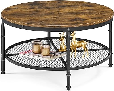 Topeakmart Rustic Round Coffee Table Modern Vintage Furniture w/Iron Mesh Open Storage Shelf for Bedroom Living Room Kitchen Study Office
