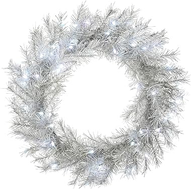 National Tree Company Pre-Lit Artificial Wreath, Silver, Metallic, LED Lights, Christmas Collection, 24 Inches
