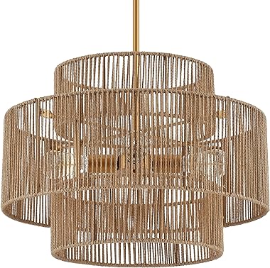 ELYCCUPA 24” Boho Hand Woven Rattan Chandelier 3 Round Adjustable 4-Light Large Pendant Light for Kitchen Island Dining Room 