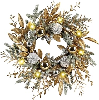 Zavothy Christmas Wreath 20 Inch Christmas Door Decorations Wreath with Warm Lights,Christmas Balls, Pine Cones, Golden Twigs