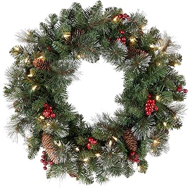 National Tree Company Pre-Lit Artificial Christmas Wreath, Green, Crestwood Spruce, White Lights, Decorated with Pine Cones, 