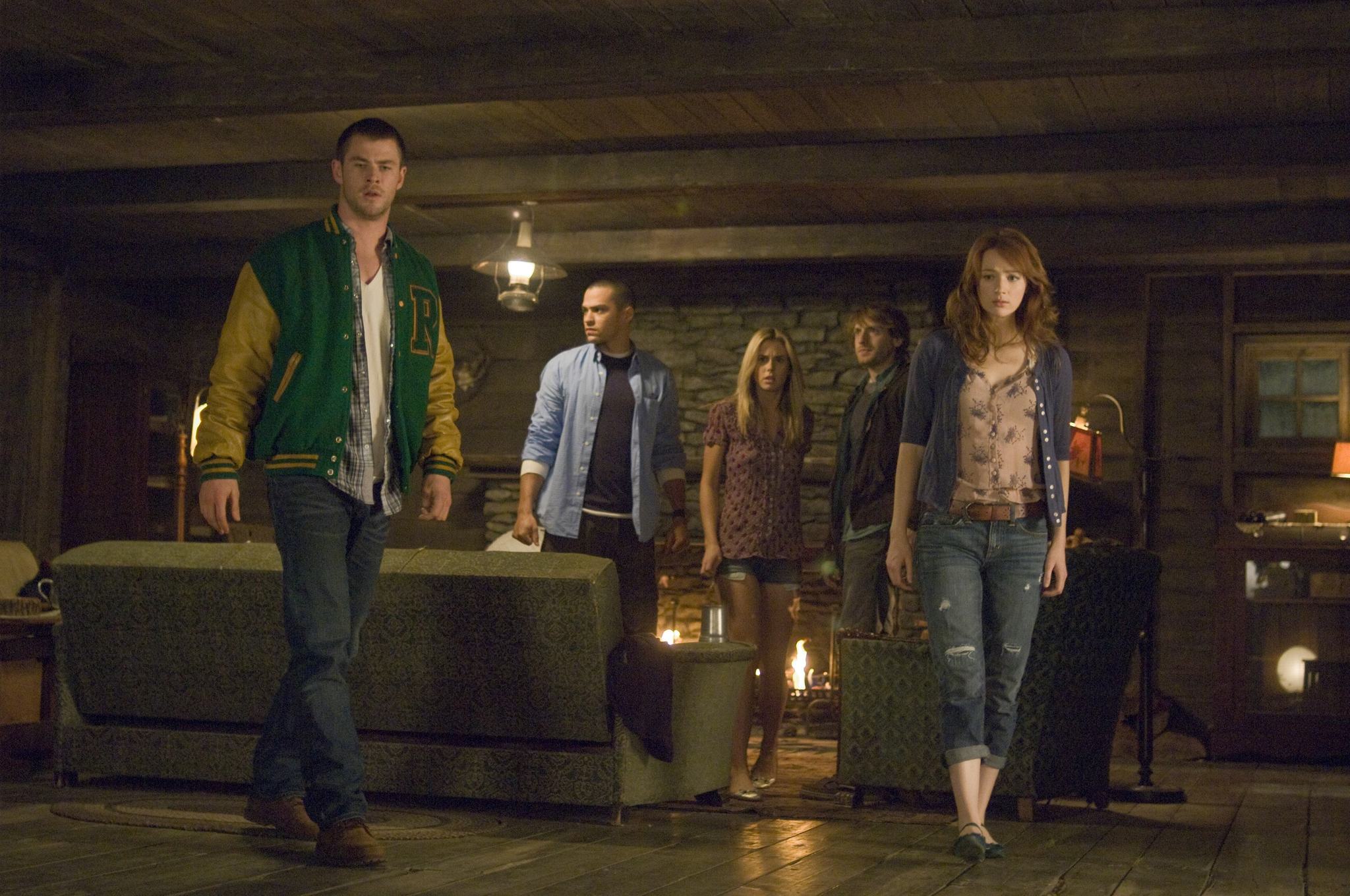 Anna Hutchison, Fran Kranz, Jesse Williams, Chris Hemsworth, and Kristen Connolly in The Cabin in the Woods (2011)