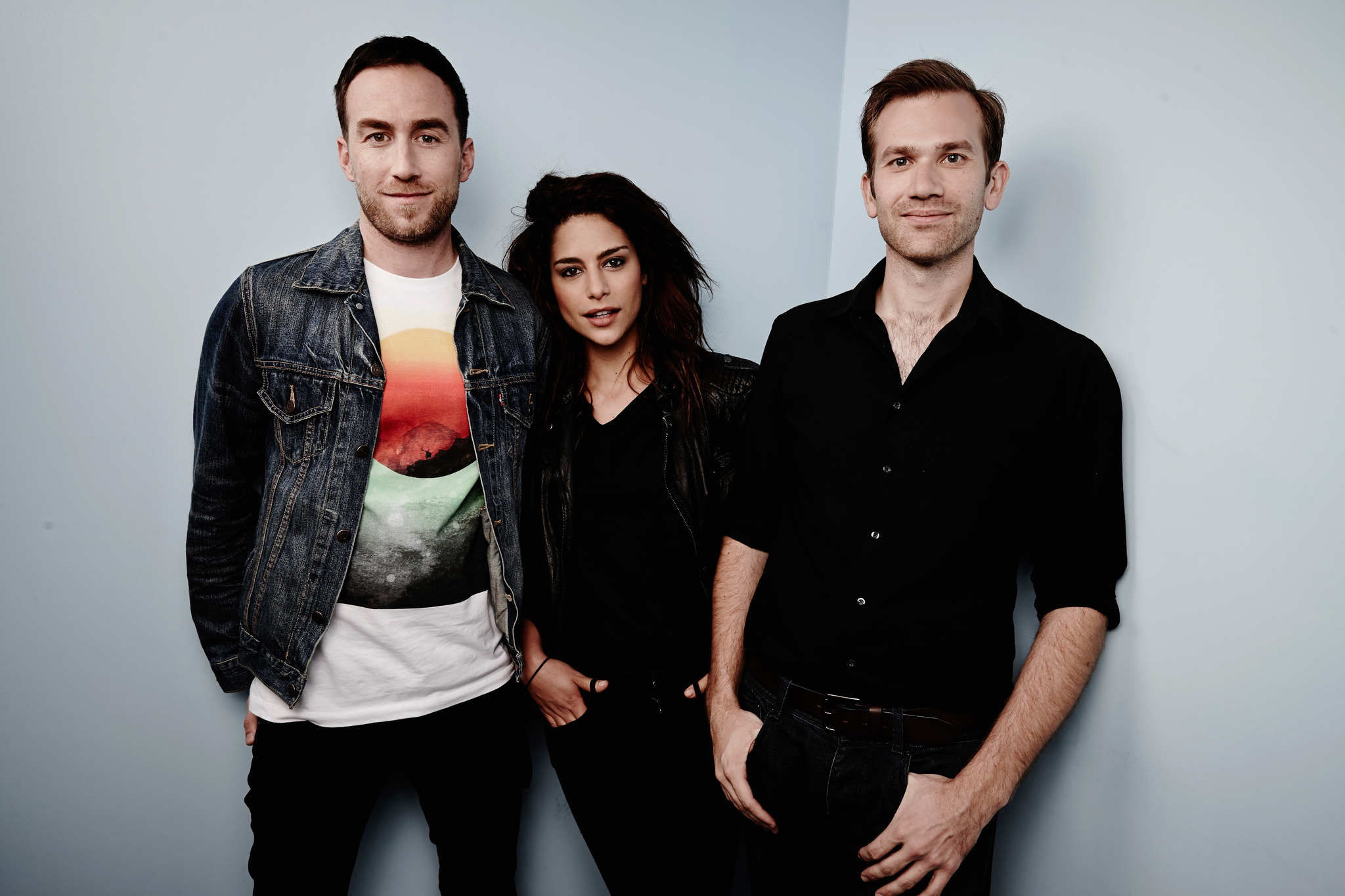 Aaron Moorhead, Justin Benson, and Nadia Hilker at an event for Spring (2014)