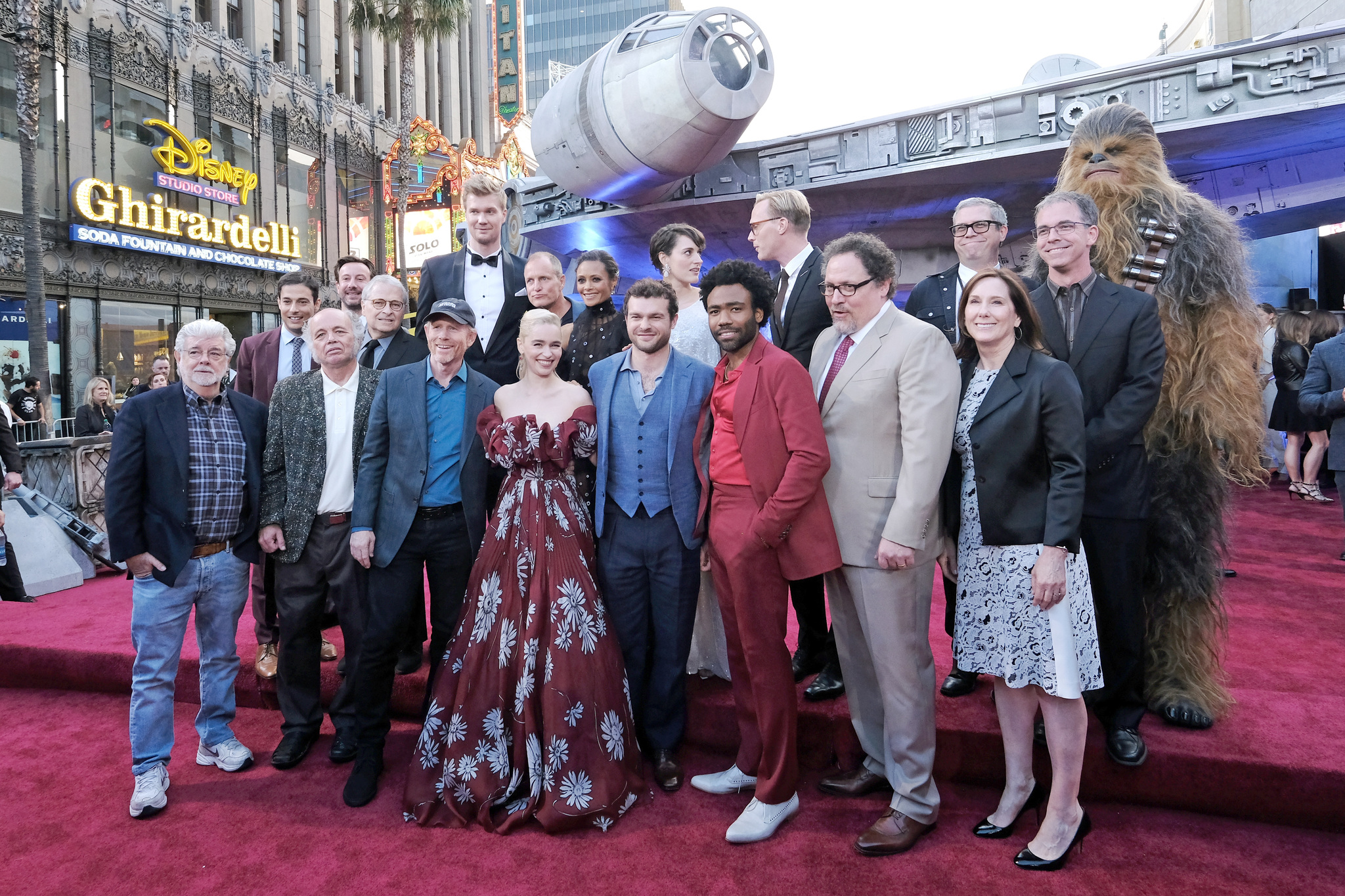 Ron Howard, George Lucas, Woody Harrelson, Simon Emanuel, Kathleen Kennedy, Alan Bergman, Paul Bettany, Jon Favreau, Alan F. Horn, Clint Howard, Jonathan Kasdan, Thandiwe Newton, John Powell, Donald Glover, Alden Ehrenreich, Phoebe Waller-Bridge, Emilia Clarke, and Joonas Suotamo at an event for Solo: A Star Wars Story (2018)