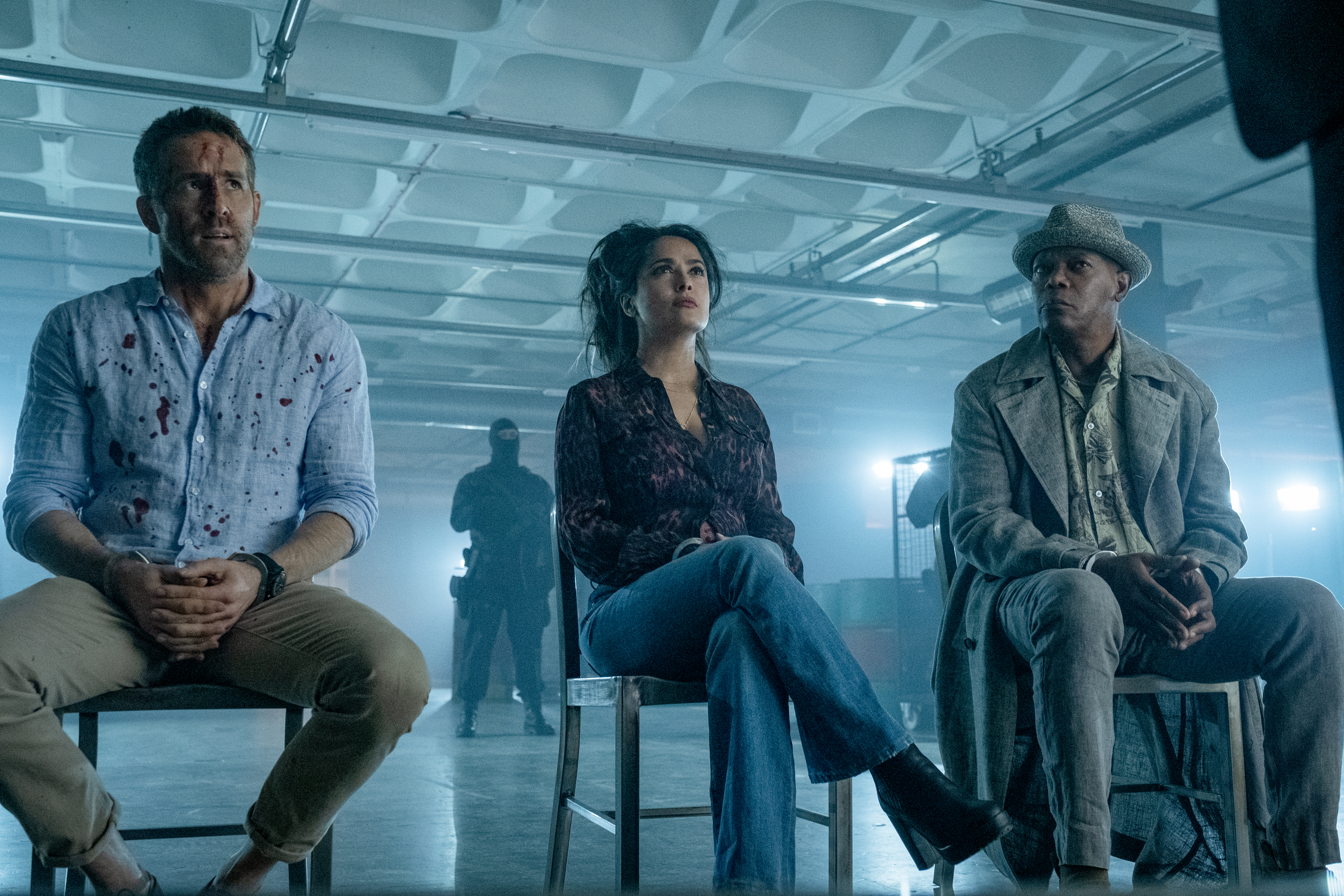 Salma Hayek, Samuel L. Jackson, and Ryan Reynolds in Hitman's Wife's Bodyguard (2021)