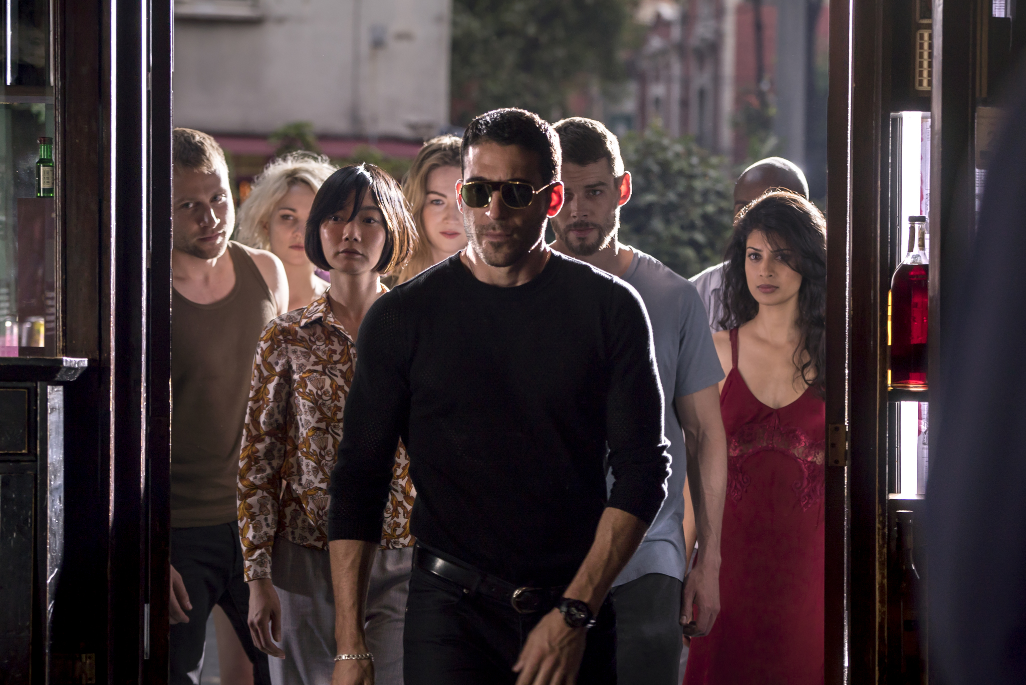 Bae Doona, Max Riemelt, Brian J. Smith, Miguel Ángel Silvestre, Tuppence Middleton, Tina Desai, Jamie Clayton, and Toby Onwumere in Sense8 (2015)