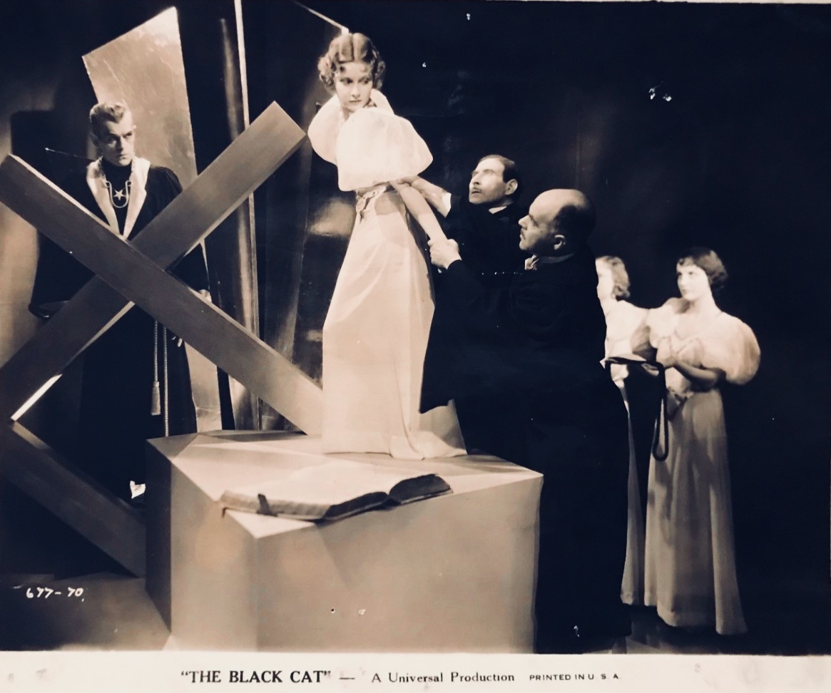 Boris Karloff, King Baggot, Virginia Ainsworth, Julie Bishop, Lois January, and Michael Mark in The Black Cat (1934)