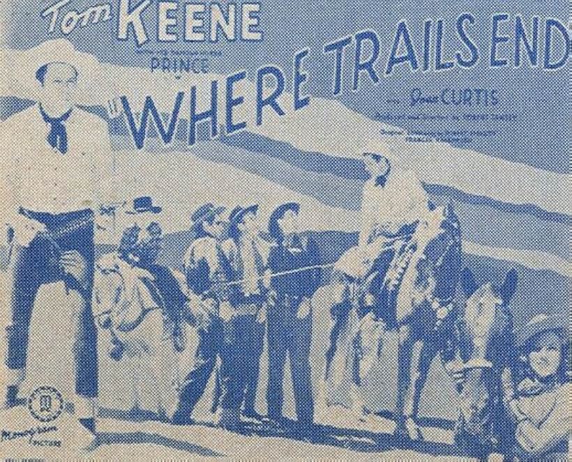 Gene Alsace, Steven Clensos, Joan Curtis, Tom Keene, James Sheridan, Don Stewart, and Prince in Where Trails End (1942)