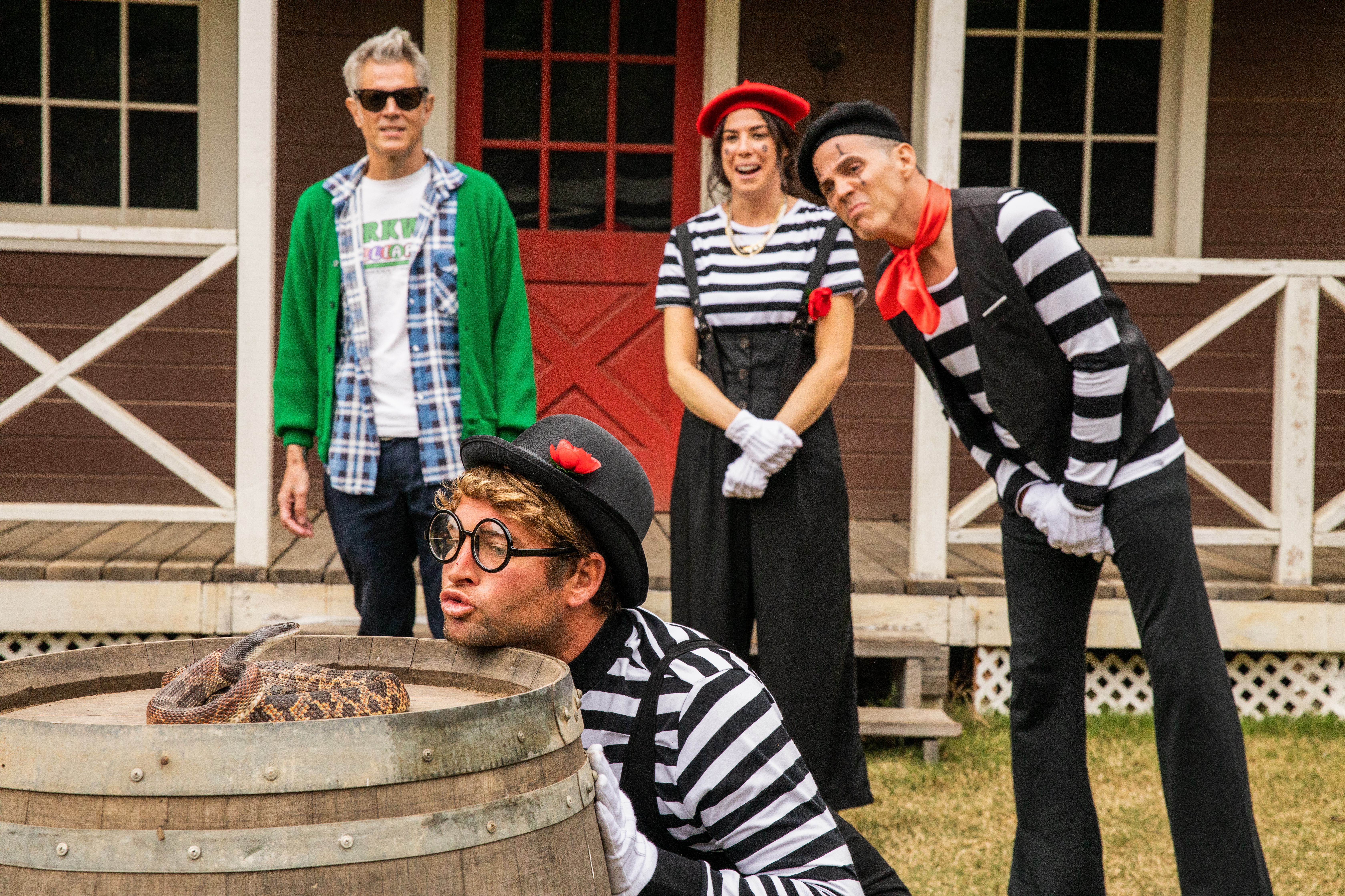 Johnny Knoxville, Steve-O, Rachel Wolfson, and Sean McInerney in Jackass Forever (2022)