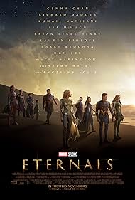 Salma Hayek, Angelina Jolie, Richard Madden, Gemma Chan, Ma Dong-seok, Brian Tyree Henry, Kit Harington, Kumail Nanjiani, Lauren Ridloff, Barry Keoghan, and Lia McHugh in Eternals (2021)