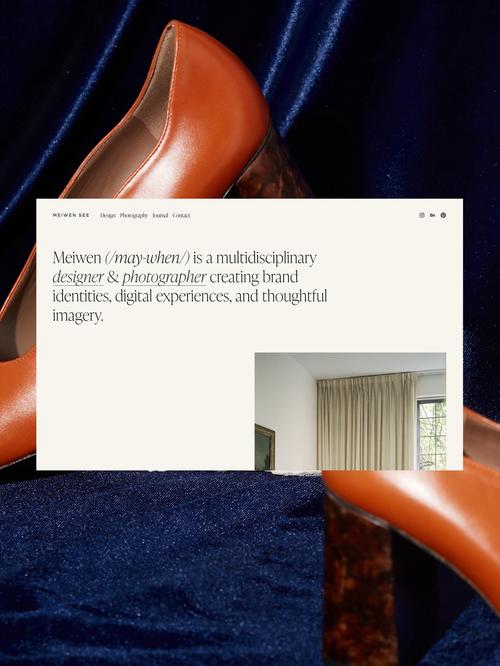 Orange stiletto shoes on orange and blue fabric, with an off-white portfolio website displaying dark text.