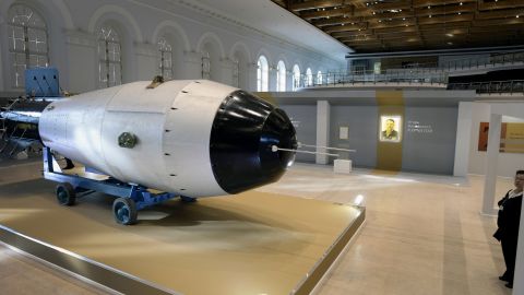 A mockup of a Soviet AN-602 hydrogen bomb (Tsar Bomb) is displayed at the exhibition devoted to the 70th anniversary of Russias nuclear industry in Moscow on September 1, 2015.  The most powerful nuclear weapon ever detonated was first tested on October 30, 1961, having 50 megatons of TNT equivalent.  AFP PHOTO / ALEXANDER NEMENOV        (Photo credit should read ALEXANDER NEMENOV/AFP via Getty Images)