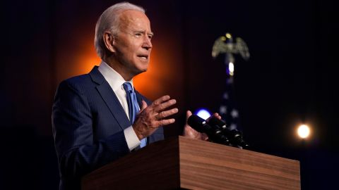 Democratic presidential candidate former Vice President Joe Biden speaks Friday, Nov. 6, 2020, in Wilmington, Del. (AP Photo/Carolyn Kaster)