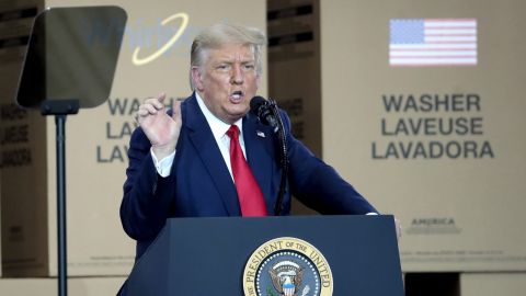 CLYDE, OHIO - AUGUST 06: U.S. President Donald Trump speaks to workers at a Whirlpool manufacturing facility on August 06, 2020 in Clyde, Ohio. Whirlpool is the last remaining major appliance company headquartered in the United States. With more than 3,000 employees, the Clyde facility is one of the world&apos;s largest home washing machine plants, producing more than 20,000 machines a day. (Photo by Scott Olson/Getty Images)