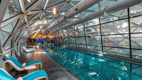 The swimming pool at the Oryx Hotel in Doha&apos;s airport.