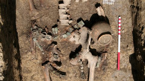 Avar male burial with a belt garniture and a ceramic mug at the RÃ¡kÃ³czifalva site, Hungary (8th century AD)