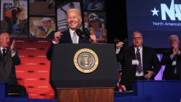 President Joe Biden, who just announced his reelection campaign for president, delivers remarks at North America&apos;s Building Trades Unions Legislative Conference at the Washington Hilton in Washington, DC, on Tuesday.