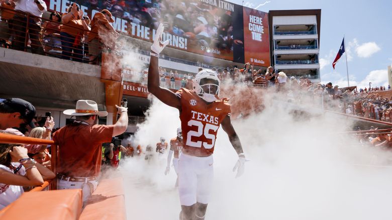 AUSTIN, TEXAS - AUGUST 31: Jelani McDonald #25 of the Texas Longhorns runs onto the field before the game against the Colorado State Rams at Darrell K Royal-Texas Memorial Stadium on August 31, 2024 in Austin, Texas. (Photo by Tim Warner/Getty Images)