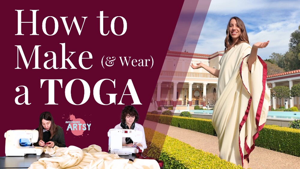 Picture of person posing in a cream toga outside a colorful villa garden on the right and the text How to make and wear a toga over a maroon background on the right. Below, a smaller image of two peop