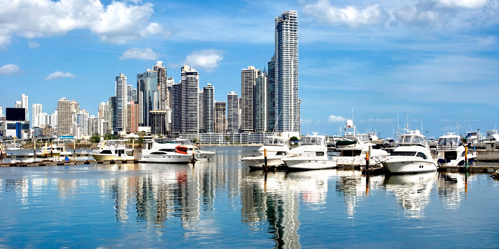 Yachts moored in front of Panama City