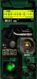 Retro tech interface wallpaper with green display and vintage dials.