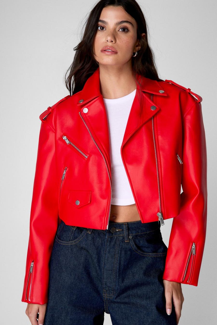 Essentials Cropped Faux Leather Boxy Biker 