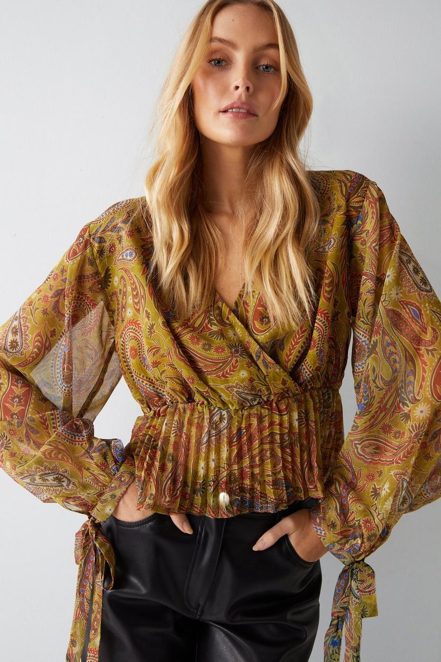 Paisley Print V Neck Pleat Hem Chiffon Blouse