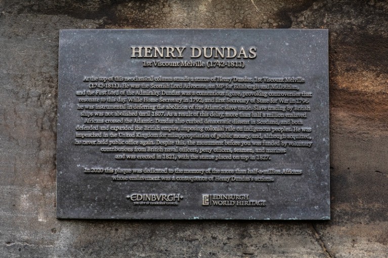 A plaque on the Melville monument detailing the role of Henry Dundas in the abolition of the Atlantic salve trade