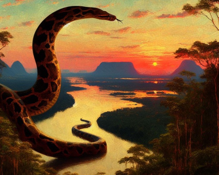 Artistic impression of a large mythical snake traversing the Orinoco River at sunset