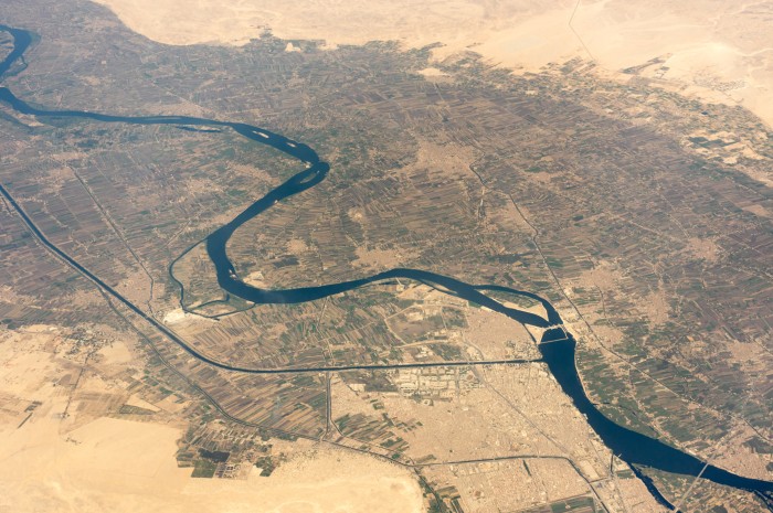 Aerial view of the curving River Nile