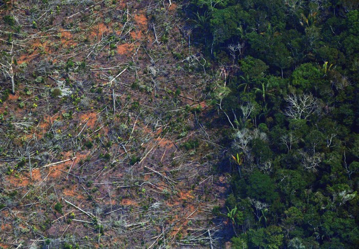 Aerial view of a deforested area of land in the Amazon rainforest